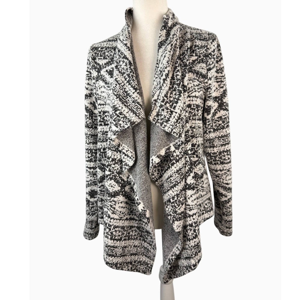 Knox Rose Women Large Black White Abstract Waterfall Open Front Cardigan Sweater